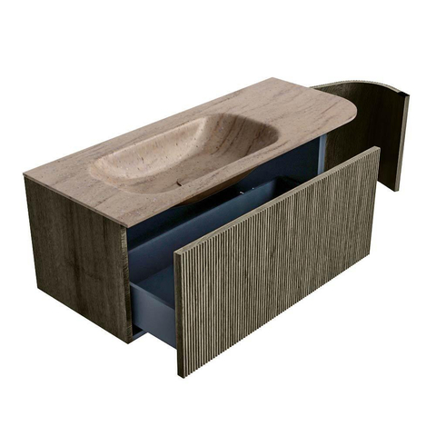 MONDIAZ KURVE-DLUX Meuble de salle de bains 115cm arrondi à droite couleur Shadow avec 1 tiroir et 1 porte. Lavabo BIG SMALL à gauche 1 trou de robinet Saba. SW1434048