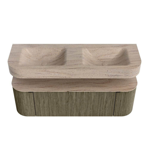 MONDIAZ THOR-DLUX 140cm meuble de salle de bains arrondi gauche + droite couleur Shadow avec 1 tiroir et 2 portes. Vasque suspendue CLOUD Double 2 trous de robinet couleur Saba. SW1464355