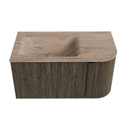 MONDIAZ KURVE-DLUX Meuble de salle de bains 85cm arrondi à droite couleur Shadow avec 1 tiroir et 1 porte. Lavabo CLOUD à gauche sans trou de robinet Saba. SW1433403