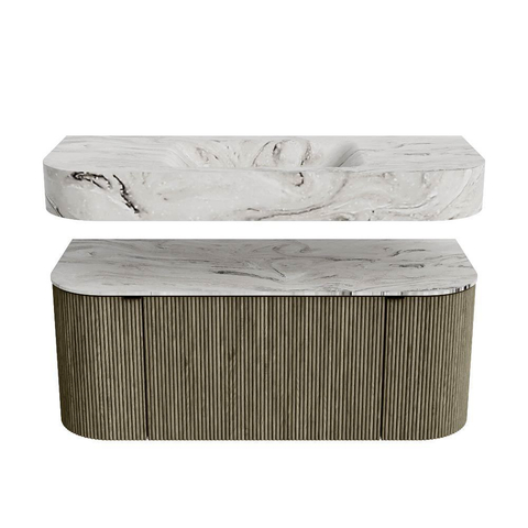MONDIAZ THOR-DLUX 110cm meuble de salle de bains arrondi gauche + droite couleur Shadow avec 1 tiroir et 2 portes. Vasque suspendue CLOUD Milieu sans trou de robinet couleur Glace. SW1462857