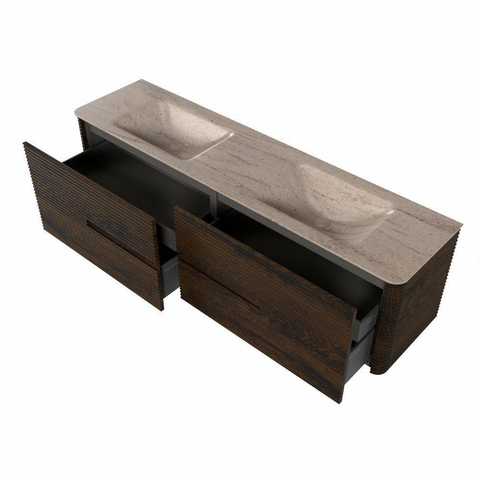 Mondiaz CIRO-DLUX Badkamermeubelset - 180x45x50cm - Solid surface wastafel Saba - 2 wasbak Dubbel - zonder kraangaten - 4 lades - Walnut SW1530717