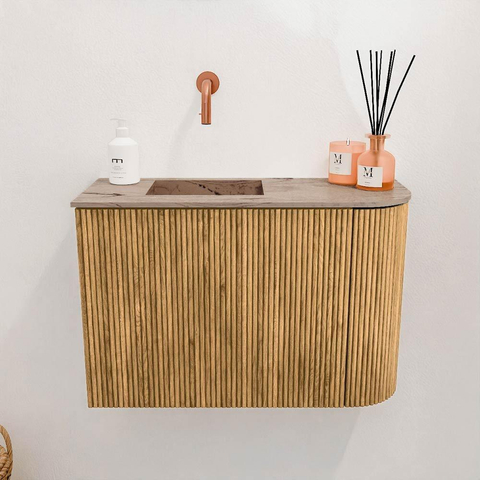 Mondiaz JOYA-DLUX 61.6cm toiletmeubel - ronding rechts kleur Oak - Wastafel FAYE positie Links Zonder kraangat kleur Arena. SW1423862