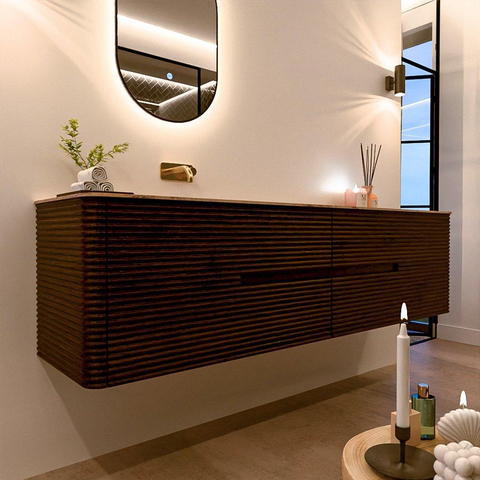 Mondiaz CIRO-DLUX Meuble de salle de bains - 190x45x50cm - Plan-vasque en solid surface Arena - 1 vasque à gauche - sans trous de robinetterie - 4 tiroirs - Noyer SW1530480