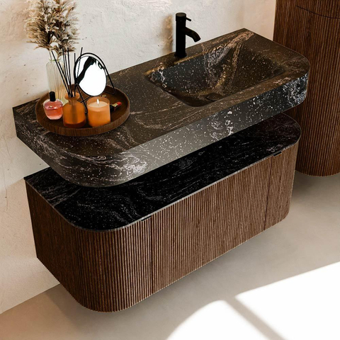 MONDIAZ THOR-DLUX 110cm badmeubel ronding links + rechts kleur Walnut met 1 lade en 2 deuren. Vrijhangende wastafel CLOUD Rechts 1 kraangat kleur Lava. SW1462763