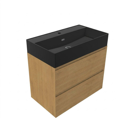 Saniclass Holz Pure Badkamermeubelset - 80x45x72cm - Legend keramische wastafel mat zwart - 1 wasbak - 1 kraangat - 2 lades - mat eiken natural (hout) SW1580182
