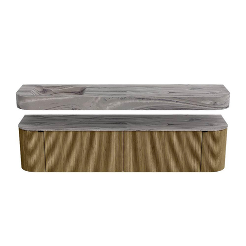 MONDIAZ THOR-DLUX Meuble de salle de bains 190cm arrondi gauche + droite couleur Dusk avec 2 tiroirs et 2 portes. Vasque suspendue CLOUD Gauche 1 trou de robinet couleur Sombra. SW1466703