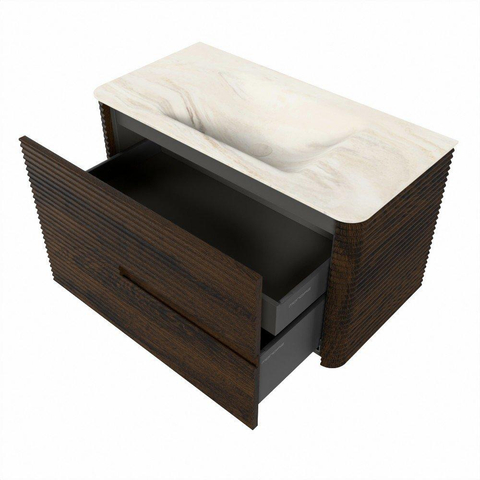 Mondiaz CIRO-DLUX Badkamermeubelset - 90x45x50cm - Solid surface wastafel Ostra - 1 wasbak Midden - 1 kraangat - 2 lades - Walnut SW1530375
