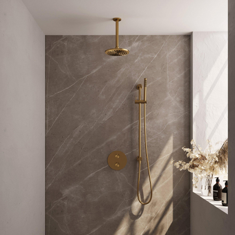 BRAUER Gold Carving mitigeur thermostatique encastré douche pluie - 3 voies - rond - ensemble 89 - douche principale 20cm - bras plafond - douchette à main - flexible de douche - colonne de douche hydromassante intégrée - or brossé PVD SW1159094