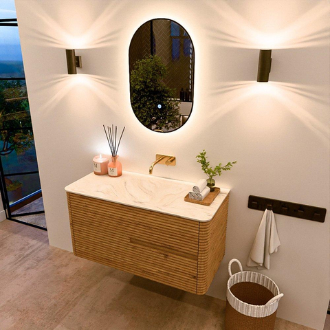 Mondiaz CIRO-DLUX Badkamermeubelset - 100x45x50cm - Solid surface wastafel Ostra - 1 wasbak Midden - zonder kraangaten - 2 lades - Oak SW1531055