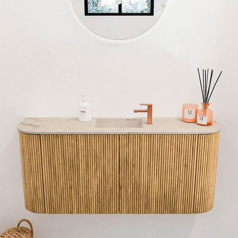 Mondiaz JOYA-DLUX 93.2cm meuble de toilette - arrondis gauche et droite couleur Chêne - Vasque FAYE position Milieu 1 trou de robinet couleur Frappe SW1421983