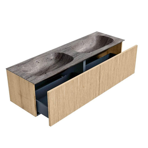 MONDIAZ KURVE-DLUX meuble de salle de bains 150cm couleur Oak avec 2 tiroirs et 0 portes. Lavabo STOR SMALL Double 2 trous de robinet Oza. SW1432698