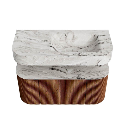 MONDIAZ THOR-DLUX 100cm meuble de salle de bains arrondi gauche + droite couleur Ruby avec 1 tiroir et 2 portes. Vasque suspendue CLOUD Droite 1 trou de robinet couleur Glace. SW1467417