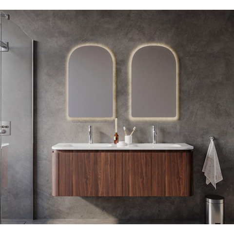 Royal Plaza Terra Ensemble meuble de salle de bains - 140x47x46cm - vasque en céramique blanc brillant - 2 vasques - 2 trous de robinet - 4 tiroirs - châtaignier (noyer) SW1441218