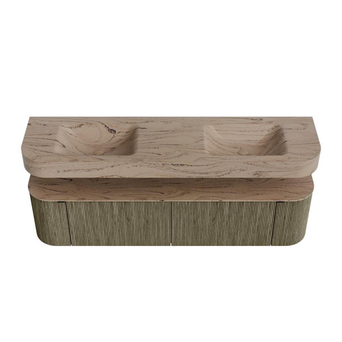MONDIAZ THOR-DLUX 180cm meuble de salle de bains arrondi gauche + droite couleur Shadow avec 2 tiroirs et 2 portes. Vasque suspendue CLOUD Double 2 trous de robinet couleur Arena. SW1466146