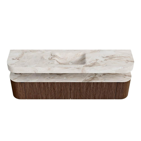 MONDIAZ THOR-DLUX 200cm badmeubel ronding links + rechts kleur Walnut met 2 lades en 2 deuren. Vrijhangende wastafel CLOUD Midden zonder kraangat kleur Frappe. SW1466985