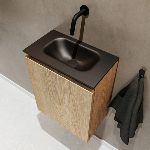 MONDIAZ TURE Fonteinset - 40x23x50cm - 0 kraangaten - 1 deur - washed oak mat - Wasbak midden - Solid Surface Zwart SW475462