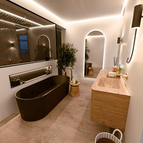 Mondiaz CIRO-DLUX Meuble de salle de bains - 150x45x50cm - Plan vasque solid surface Arena - 1 vasque à droite - sans trous de robinetterie - 4 tiroirs - Chêne SW1531351