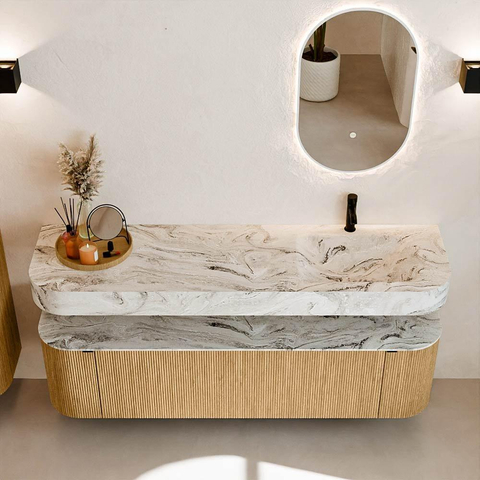MONDIAZ THOR-DLUX 170cm meuble de salle de bains arrondi gauche + droite couleur Oak avec 1 tiroir et 2 portes. Vasque suspendue CLOUD droite 1 trou de robinet couleur Glace. SW1465442