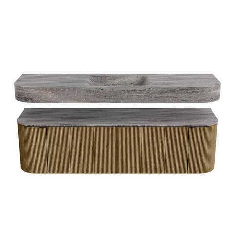 MONDIAZ THOR-DLUX 160cm meuble de salle de bains arrondi gauche + droite couleur Dusk avec 1 tiroir et 2 portes. Vasque suspendue CLOUD Milieu 1 trou de robinet couleur Oza. SW1465306