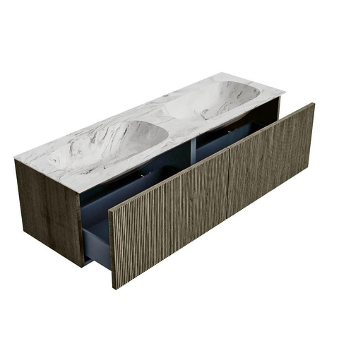 Mondiaz KURVE-DLUX Badkamermeubelset - 150x46x40cm - 2 lade - wastafel solid surface - dubbel - zonder kraangat - Shadow SW1414614