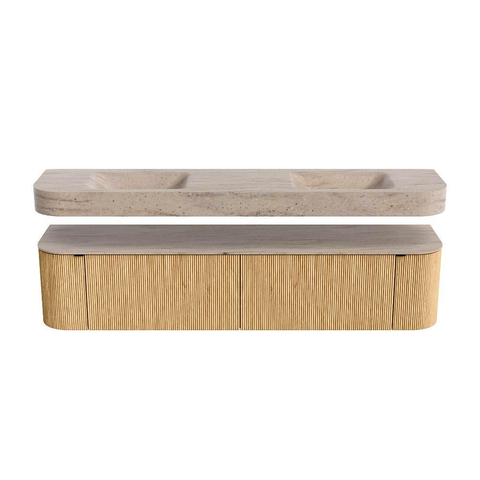 MONDIAZ THOR-DLUX Meuble de salle de bains - 200cm - arrondi gauche + droite - couleur Oak - 2 tiroirs et 2 portes - Vasque suspendue CLOUD Double 2 trous de robinet - couleur Saba SW1467216