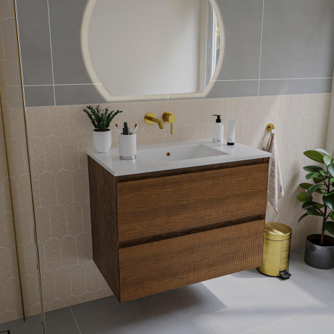 Saniclass Holz Atelier Meuble de salle de bain - 80x45x60cm - lavabo en céramique blanc - 1 vasque - sans trous de robinet - 2 tiroirs - Walnut pure SW1437742