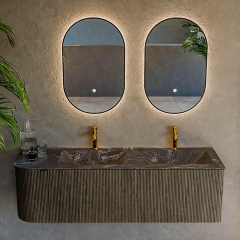 Mondiaz KURVE-DLUX Ensemble meuble de salle de bains - 145x46x40cm - 1 tiroir - 1 porte - lavabo solid surface - double / droite - 2 trous de robinet - Shadow SW1414707