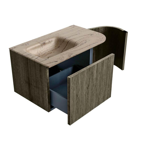 MONDIAZ KURVE-DLUX Meuble de salle de bains 75cm arrondi à droite couleur Shadow avec 1 tiroir et 1 porte. Lavabo GRUNNE à gauche sans trou de robinet Arena. SW1431260