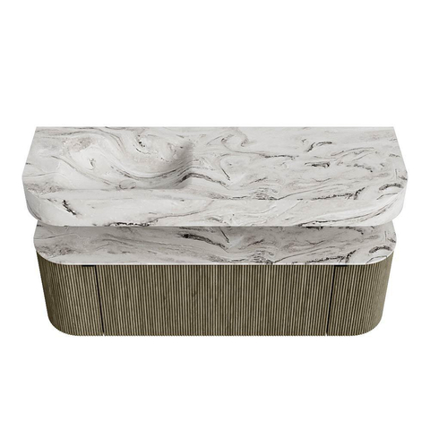 MONDIAZ THOR-DLUX 140cm meuble de salle de bains arrondi gauche + droite couleur Shadow avec 1 tiroir et 2 portes. Vasque suspendue CLOUD Gauche 1 trou de robinet couleur Glace. SW1464145