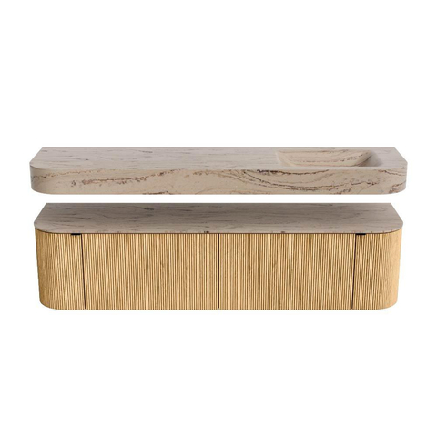 MONDIAZ THOR-DLUX 180cm badmeubel ronding links + rechts kleur Oak met 2 lades en 2 deuren. Vrijhangende wastafel CLOUD Rechts zonder kraangat kleur Arena. SW1466109