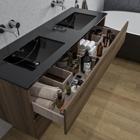 Saniclass Chaci Meuble de salle de bain - 140x46x55cm - lavabo en céramique noir - 2 vasques - sans trous de robinet - 4 tiroirs - noyer SW1171466