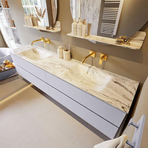 MONDIAZ VICA-DLUX Ensemble meuble de salle de bains - 200cm - meuble bas Cale - 4 tiroirs - lavabo encastré Cloud double - sans trous de robinet - version haute 60cm - Glace SW1088365