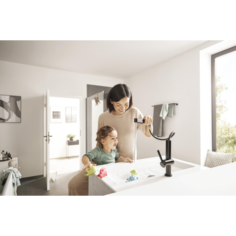 Hansgrohe Finoris Wastafelkraan - 230 - 2jet - met uittrekbare vuistdouche - met afvoerplug - mat zwart SW651140