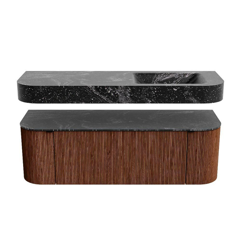 MONDIAZ THOR-DLUX 140cm meuble de salle de bains arrondi gauche + droite couleur Ruby avec 1 tiroir et 2 portes. Vasque suspendue CLOUD Droite sans trou de robinet couleur Lava. SW1464139