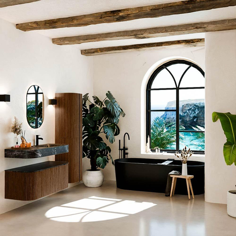 MONDIAZ THOR-DLUX 110cm badmeubel ronding links + rechts kleur Walnut met 1 lade en 2 deuren. Vrijhangende wastafel CLOUD Rechts 1 kraangat kleur Lava. SW1462763