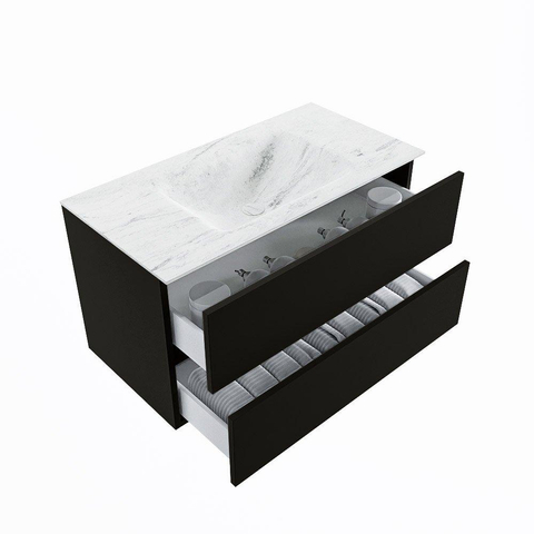 MONDIAZ VICA-DLUX Ensemble meuble de salle de bains - 90cm - meuble bas Urban - 2 tiroirs - lavabo encastré Cloud central - sans trous de robinet - version haute 60cm - Opalo SW1088518