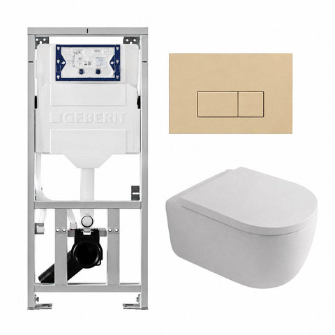 QeramiQ Dely Swirl Toiletset - 36.3x51.7cm - Geberit UP320 inbouwreservoir - met Burda frame - 35mm zitting - bedieningsplaat beige - rechthoekige knoppen - mat wit SW1164850