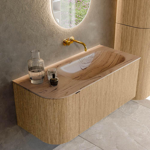 MONDIAZ KURVE-DLUX 105cm badmeubel ronding Links kleur Oak met 1 lade en 1 deur. Wastafel BIG SMALL Rechts zonder kraangat Arena. SW1431092