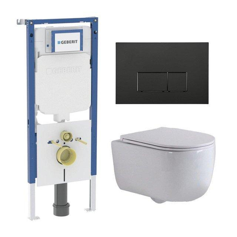 QeramiQ Dely Swirl Toiletset - 36.3x51.7cm - Geberit UP720 Duofix Sigma inbouwreservoir - slim zitting - mat zwarte bedieningsplaat - rechthoekige knoppen - mat wit SW1415534