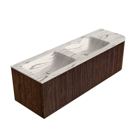 MONDIAZ KURVE-DLUX Meuble de salle de bains 145cm arrondi à droite couleur Walnut avec 1 tiroir et 1 porte. Lavabo LEAF Double / Gauche sans trou de robinet Nata. SW1432221