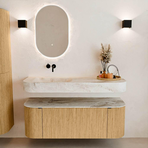 MONDIAZ THOR-DLUX 130cm meuble de salle de bains arrondi gauche + droite couleur Oak avec 1 tiroir et 2 portes. Vasque suspendue CLOUD Gauche sans trou de robinet couleur Frappe. SW1463677