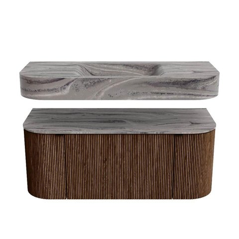 MONDIAZ THOR-DLUX 110cm meuble de salle de bains arrondi gauche + droite couleur Walnut avec 1 tiroir et 2 portes. Vasque suspendue CLOUD Milieu sans trou de robinet couleur Sombra. SW1463017