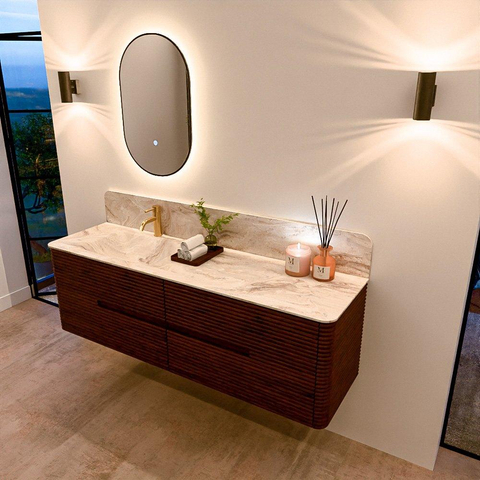 Mondiaz CIRO-DLUX Badkamermeubelset - 160x45x50cm - Solid surface wastafel Frappe - 1 wasbak Links - 1 kraangat - 4 lades - Ruby SW1531526