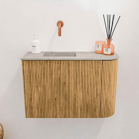 Mondiaz JOYA-DLUX 61.6cm toiletmeubel - ronding rechts kleur Oak - Wastafel FAYE positie Links Zonder kraangat kleur Glace. SW1422010