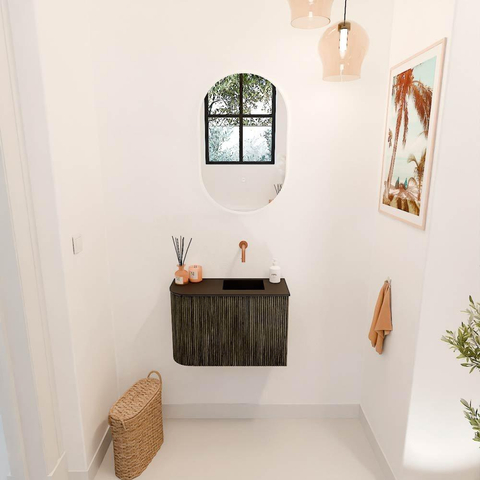 Mondiaz JOYA 61.6cm meuble de salle de bains - arrondi gauche couleur Shadow - Vasque FAYE position Droite Sans trou de robinet couleur Urban SW1421509