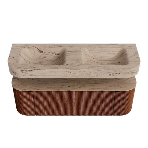 MONDIAZ THOR-DLUX Meuble de salle de bains 140cm arrondi gauche + droite couleur Ruby avec 1 tiroir et 2 portes. Vasque suspendue CLOUD Double sans trou de robinet couleur Arena. SW1464375