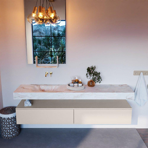 Mondiaz ALAN-DLUX Ensemble de meuble - 200cm - meuble Linen mat - 2 tiroirs - Lavabo Cloud Frappe suspendu - vasque Gauche - 0 trous de robinet SW804983