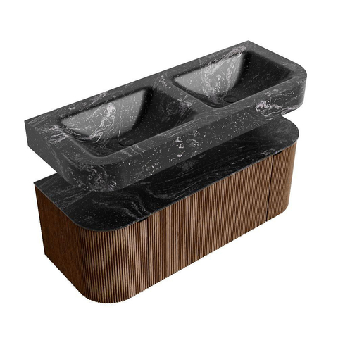 MONDIAZ THOR-DLUX 120cm meuble de salle de bains arrondi gauche + droite couleur Walnut avec 1 tiroir et 2 portes. Vasque suspendue CLOUD Double sans trou de robinet couleur Lava. SW1463225