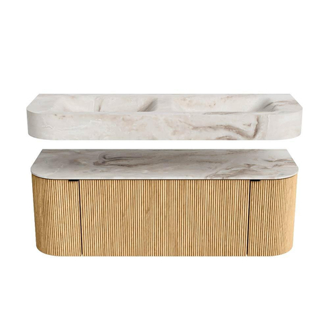 MONDIAZ THOR-DLUX 130cm badmeubel ronding links + rechts kleur Oak met 1 lade en 2 deuren. Vrijhangende wastafel CLOUD Dubbel zonder kraangat kleur Frappe. SW1463508