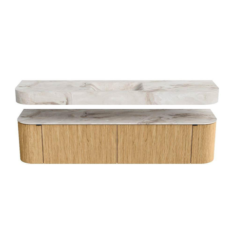 MONDIAZ THOR-DLUX Meuble de salle de bains - 190cm - arrondi gauche + droite - couleur Oak - 2 tiroirs et 2 portes - Vasque suspendue CLOUD Milieu sans trou de robinet - couleur Frappe SW1466356